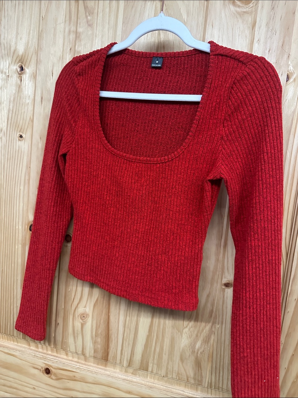 Red Ribbed Scoop Neck Long Sleeve Top